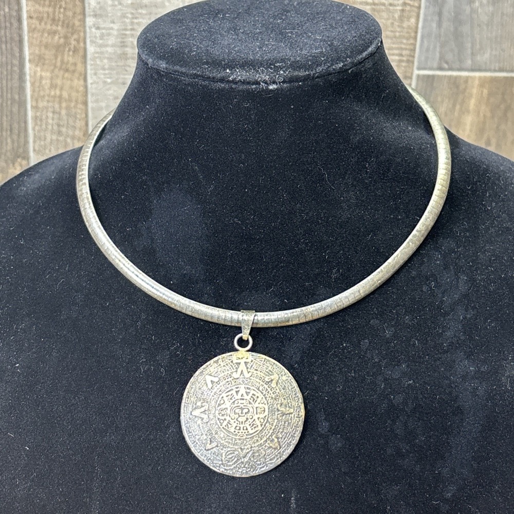 Vintage Aztec Calendar Silver Tone Snake Chain Statement Necklace